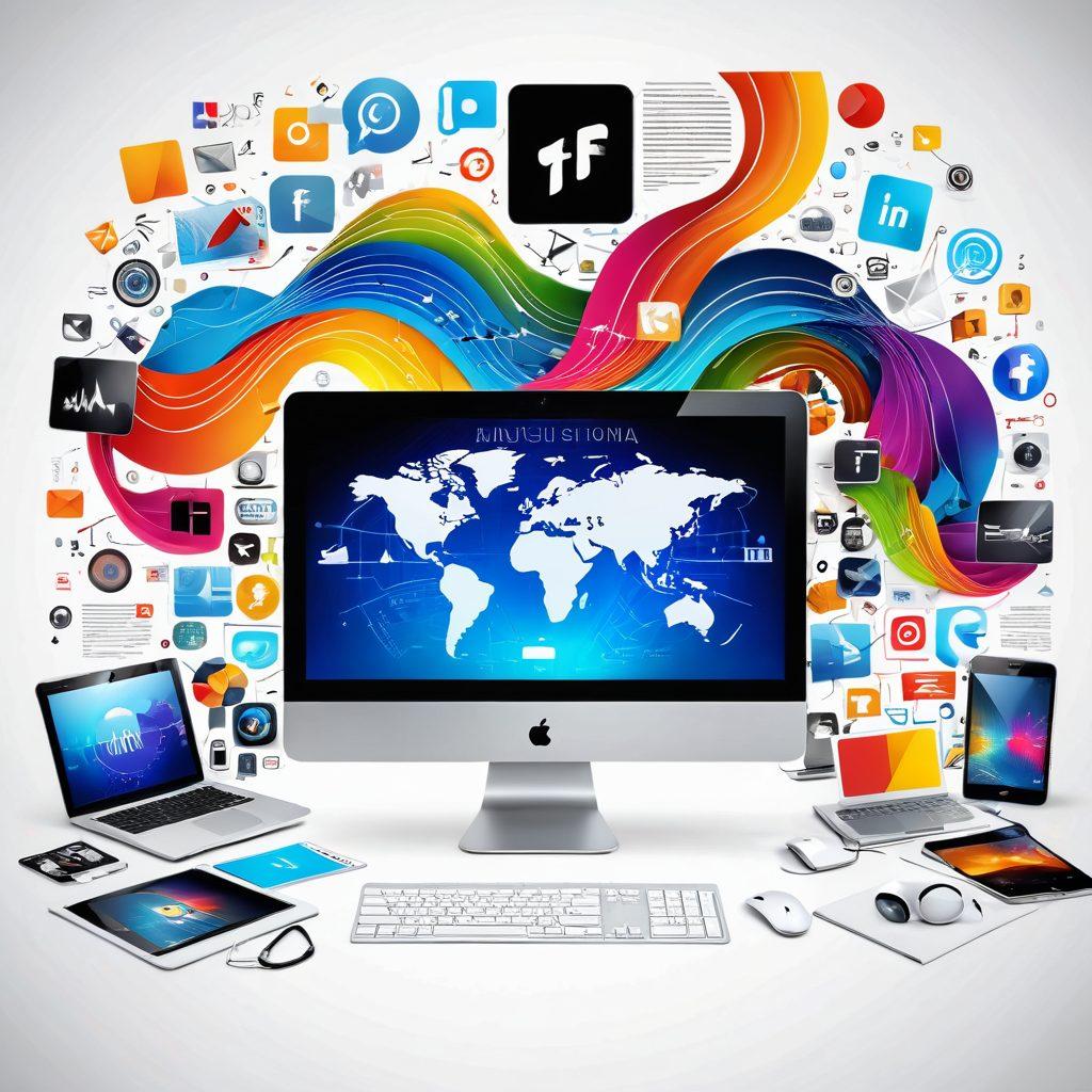 A dynamic collage showcasing various multimedia elements like videos, infographics, and audio waves, intertwined with digital devices and social media icons, radiating creativity and innovation. The background features a modern workspace with vibrant colors, symbolizing the fusion of technology and creativity. super-realistic. vibrant colors. white background.