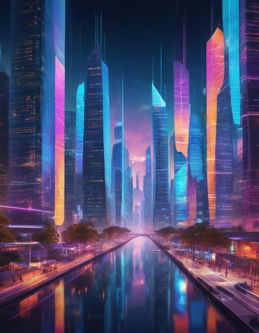 A futuristic cityscape representing the digital landscape, with luminous skyscrapers covered in screens displaying content distribution concepts. A flowing network of bright lines symbolizes connectivity and innovative web solutions, with diverse people engaging with digital devices. Include elements like floating holograms of data sharing and social networking icons. cyberpunk. vibrant colors. super-realistic.