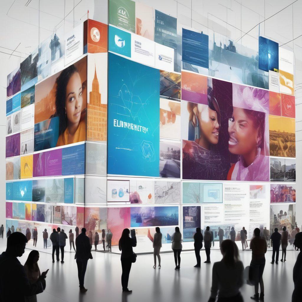 A collage of vibrant digital screens displaying various interactive media such as videos, infographics, and social media posts, interconnected with dotted lines symbolizing connection. In the foreground, a diverse group of people engaging with these screens, representing collaboration and sharing ideas. The background showcases a dynamic urban setting, hinting at the online environment. The overall color scheme should be bright and inviting, evoking a sense of creativity. super-realistic. vibrant colors. white background.